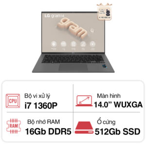 Laptop LG Gram 14Z90R-G.AH75A5 (i7 1360P/ 16GB/ 512GB SSD/14 inch WUXGA/Win11/ Black)