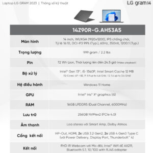 Laptop LG Gram 14Z90R-G.AH53A5 (i5 1340P/ 16GB/ 256GB SSD/14 inch WUXGA/Win11/ Grey)