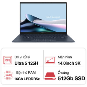Laptop Asus Zenbook 14 OLED UX3405MA-PP151W (Ultra 5 125H/ 16GB/ 512GB SSD/ 14 inch 3K/ 120Hz/ Win11/ Blue/ Vỏ nhôm)