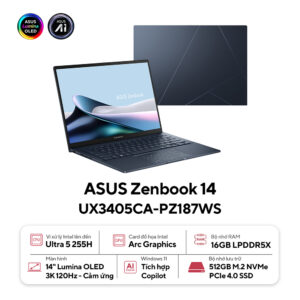 Laptop Asus Zenbook 14 OLED UX3405CA-PZ187WS (Ultra 5 225H/ 16GB/ 512GB SSD/ 14 inch 3K/ 120Hz/ Win 11/ Office/ Blue/ Vỏ nhôm/ Bút/ Túi)