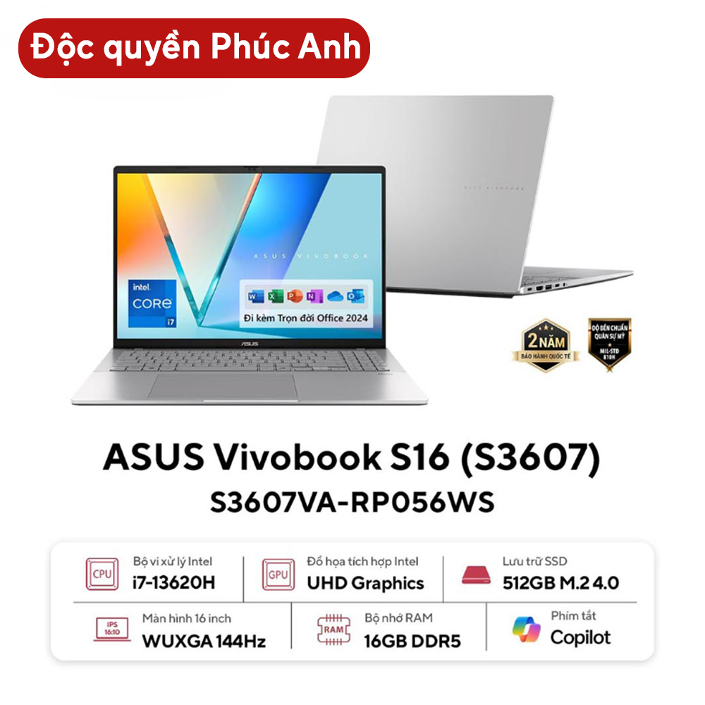 Laptop Asus Vivobook S16 S3607VA-RP056WS (i7 13620H/ 16GB/ 512GB SSD/ 16 inch WUXGA/ 144Hz/ Win 11/ Office/ Silver/ Vỏ nhôm)